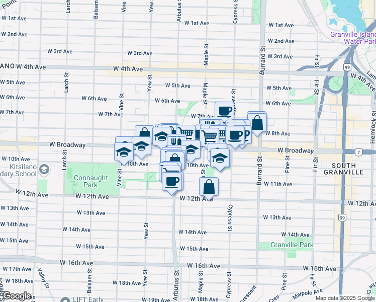 map of restaurants, bars, coffee shops, grocery stores, and more near 2080 West Broadway in Vancouver