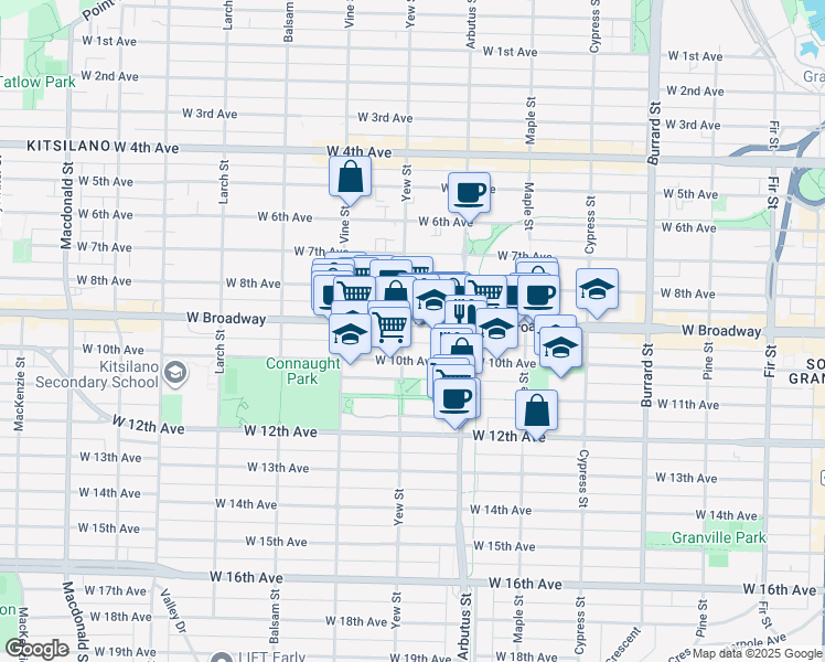 map of restaurants, bars, coffee shops, grocery stores, and more near 2184 West Broadway in Vancouver
