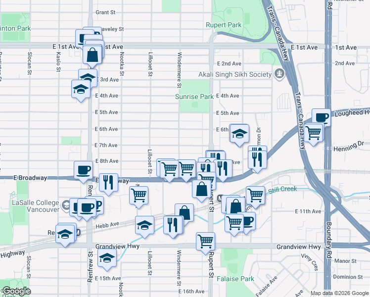 map of restaurants, bars, coffee shops, grocery stores, and more near 3216 East 7th Avenue in Vancouver