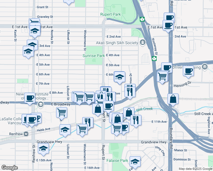 map of restaurants, bars, coffee shops, grocery stores, and more near 2306 Rupert Street in Vancouver