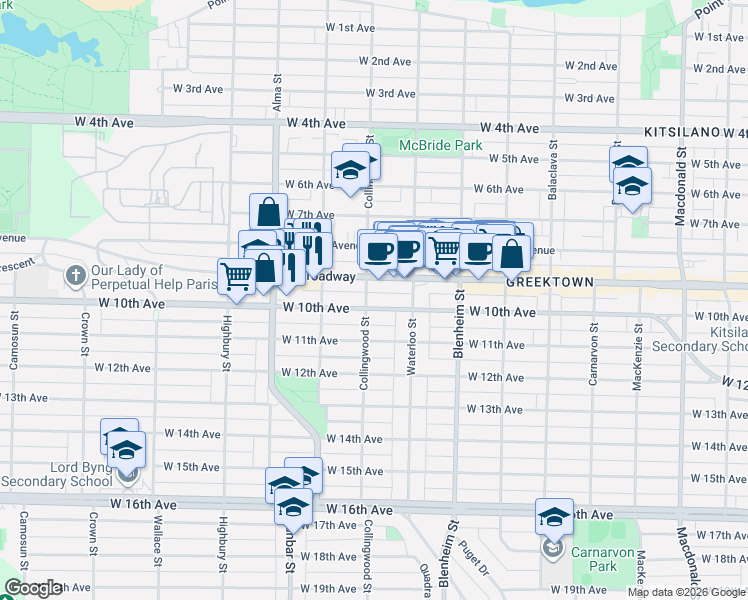 map of restaurants, bars, coffee shops, grocery stores, and more near 3481 West 10th Avenue in Vancouver