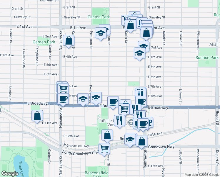 map of restaurants, bars, coffee shops, grocery stores, and more near 2704 East 7th Avenue in Vancouver
