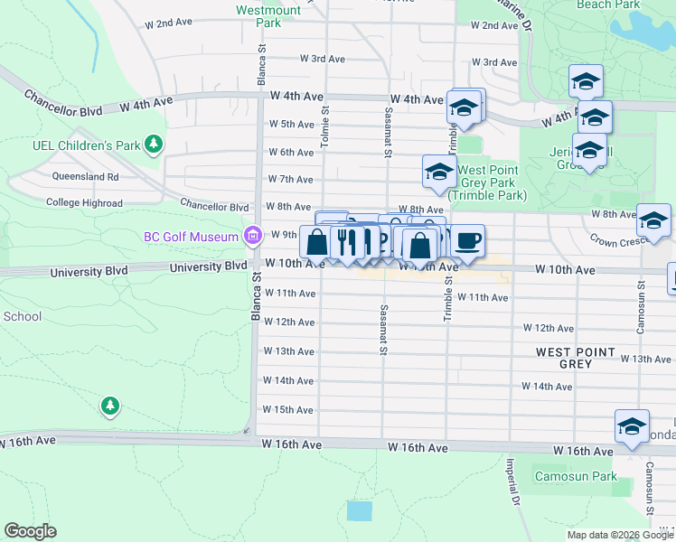 map of restaurants, bars, coffee shops, grocery stores, and more near 4572 West 10th Avenue in Vancouver