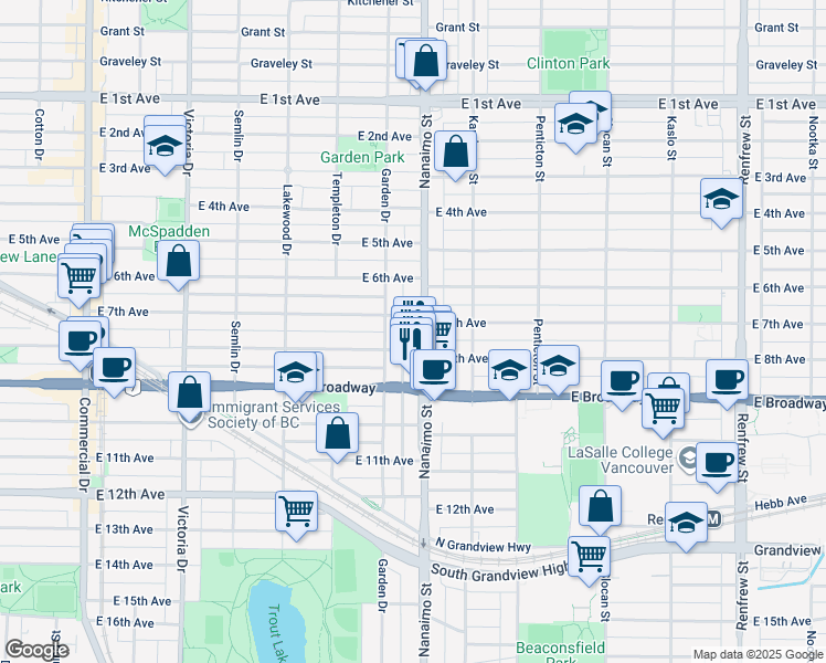 map of restaurants, bars, coffee shops, grocery stores, and more near 2323 Nanaimo Street in Vancouver