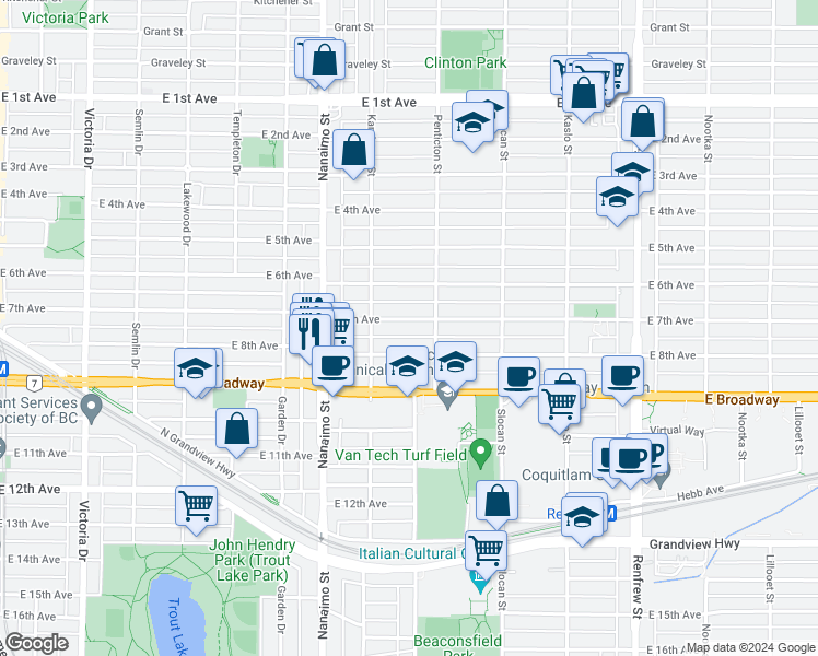 map of restaurants, bars, coffee shops, grocery stores, and more near 2564 East 7th Avenue in Vancouver