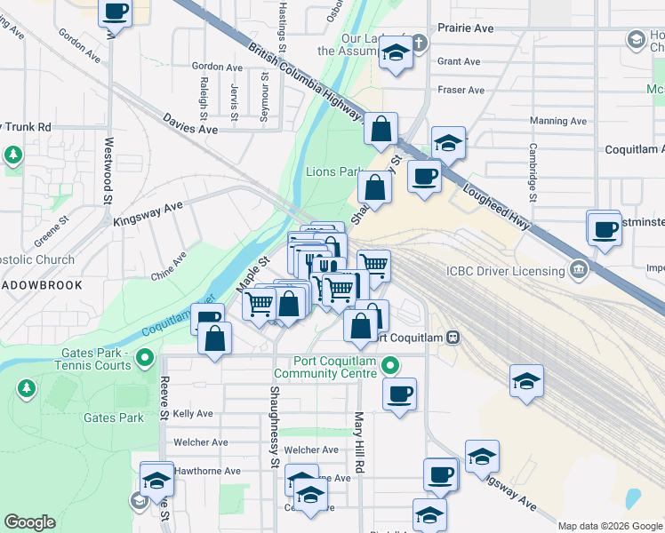 map of restaurants, bars, coffee shops, grocery stores, and more near 2660 Shaughnessy Street in Port Coquitlam