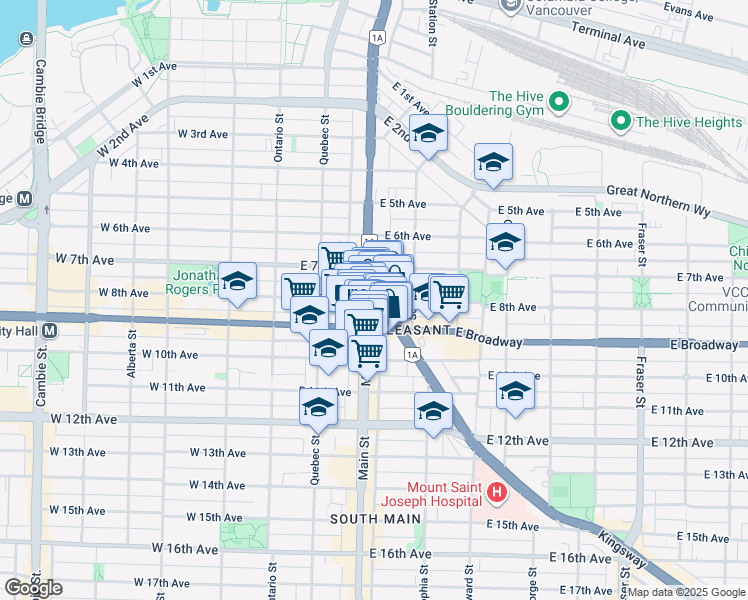 map of restaurants, bars, coffee shops, grocery stores, and more near 2414 Main Street in Vancouver