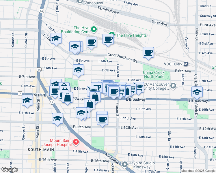 map of restaurants, bars, coffee shops, grocery stores, and more near 607 East 8th Avenue in Vancouver