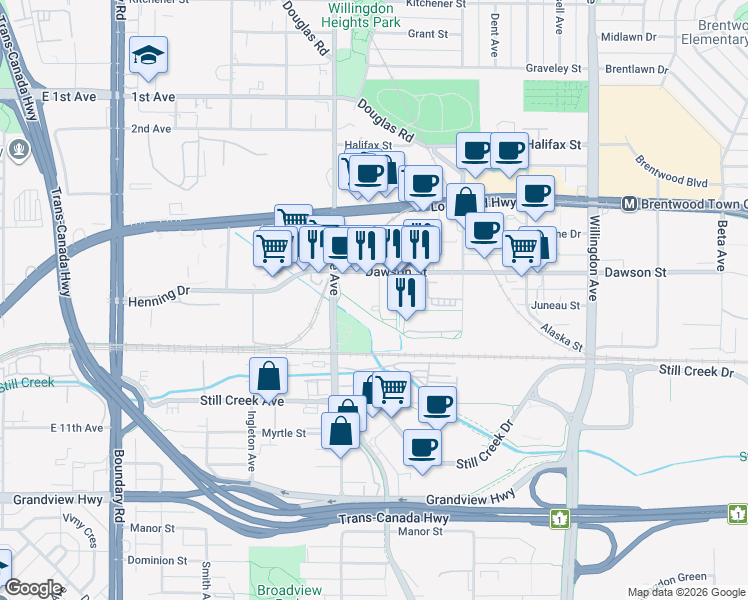 map of restaurants, bars, coffee shops, grocery stores, and more near 4178 Dawson Street in Burnaby