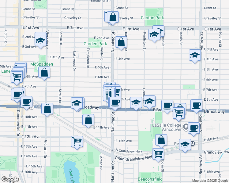 map of restaurants, bars, coffee shops, grocery stores, and more near 2316 Nanaimo Street in Vancouver