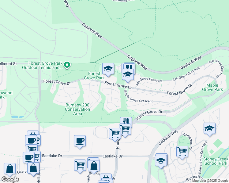 map of restaurants, bars, coffee shops, grocery stores, and more near 8574 Flowering Place in Burnaby