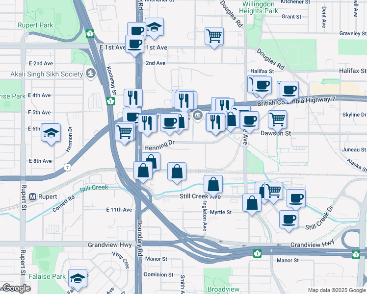 map of restaurants, bars, coffee shops, grocery stores, and more near 3880 Henning Drive in Burnaby