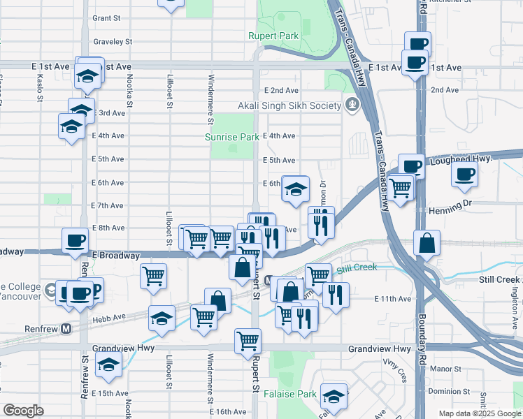 map of restaurants, bars, coffee shops, grocery stores, and more near 2306 Rupert Street in Vancouver