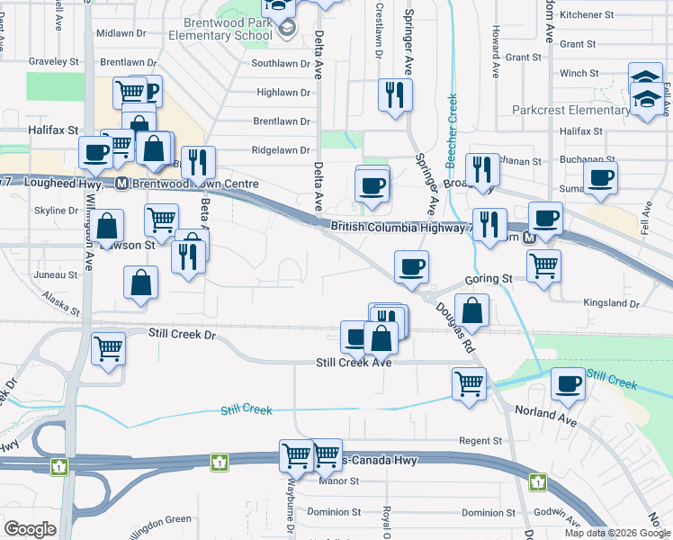 map of restaurants, bars, coffee shops, grocery stores, and more near 4923 Dawson Street in Burnaby