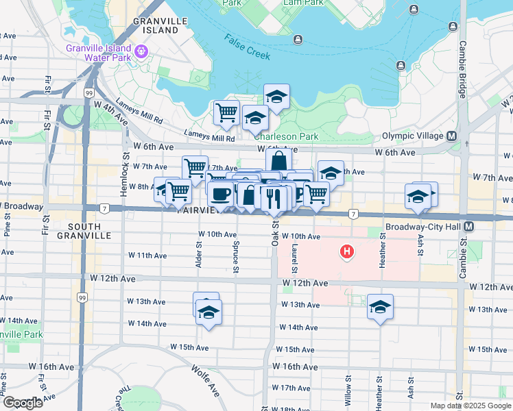 map of restaurants, bars, coffee shops, grocery stores, and more near 1055 West Broadway in Vancouver