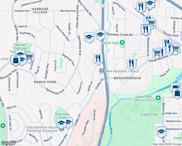 map of restaurants, bars, coffee shops, grocery stores, and more near 2920 Keets Drive in Coquitlam