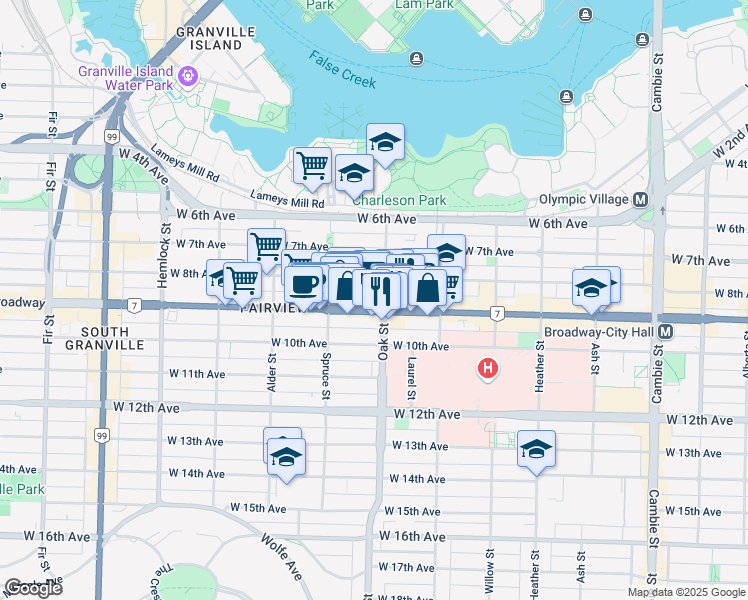 map of restaurants, bars, coffee shops, grocery stores, and more near in Vancouver