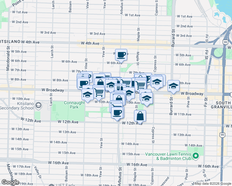map of restaurants, bars, coffee shops, grocery stores, and more near 2120 West Broadway in Vancouver