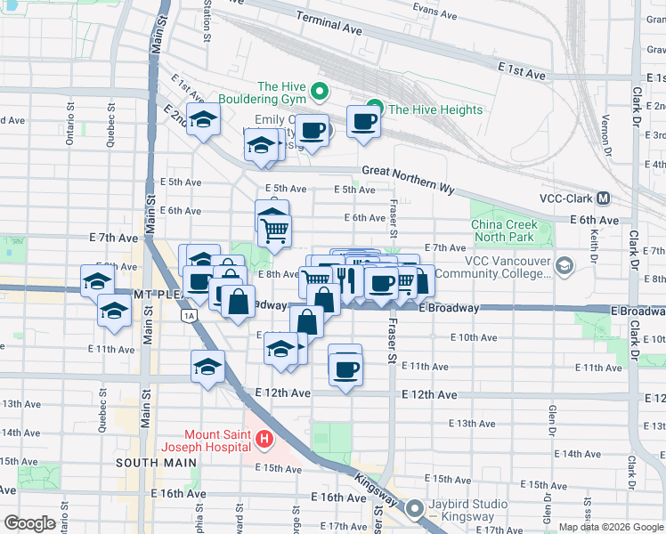 map of restaurants, bars, coffee shops, grocery stores, and more near 555 East 8th Avenue in Vancouver