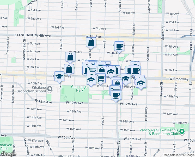 map of restaurants, bars, coffee shops, grocery stores, and more near 2230 West Broadway in Vancouver