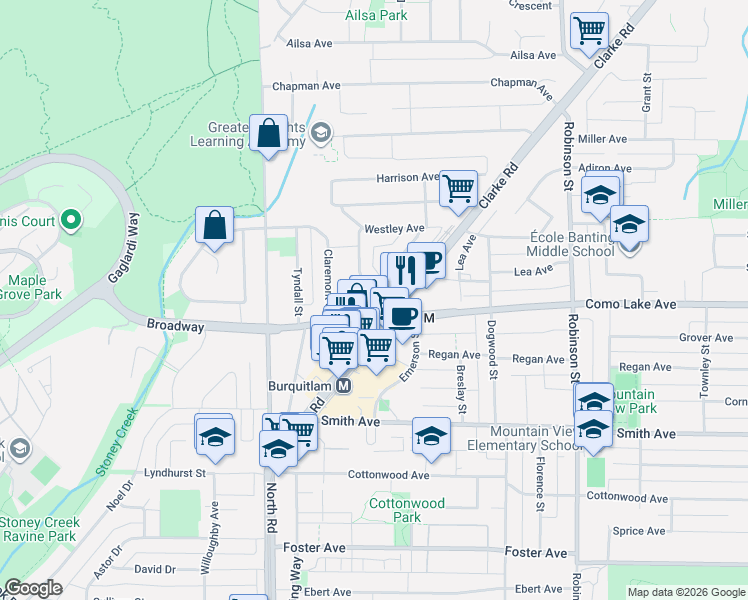 map of restaurants, bars, coffee shops, grocery stores, and more near 612 Elmwood Street in Coquitlam