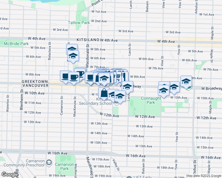 map of restaurants, bars, coffee shops, grocery stores, and more near 2525 Trafalgar Street in Vancouver
