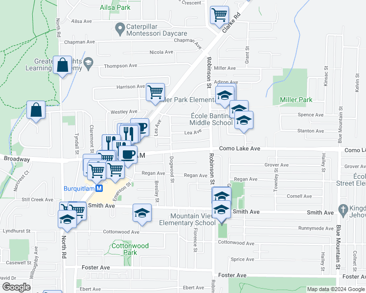 map of restaurants, bars, coffee shops, grocery stores, and more near 707 Como Lake Avenue in Coquitlam