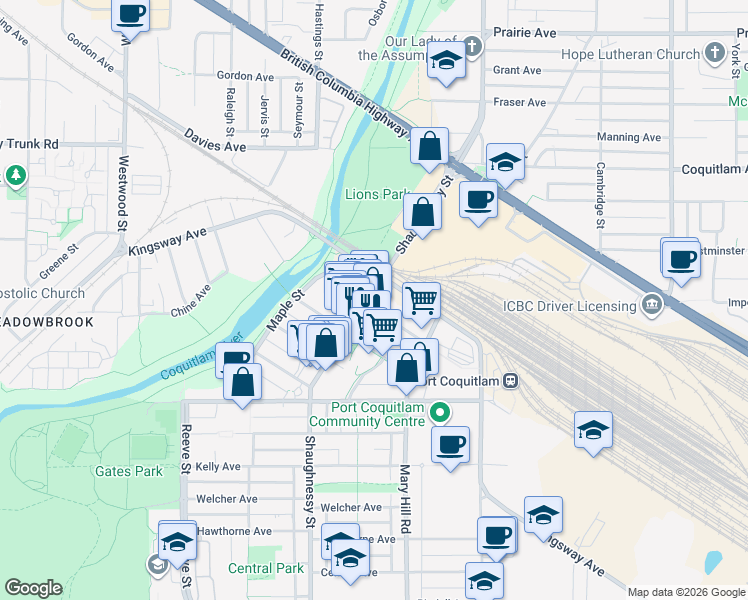 map of restaurants, bars, coffee shops, grocery stores, and more near 2264 Elgin Avenue in Port Coquitlam