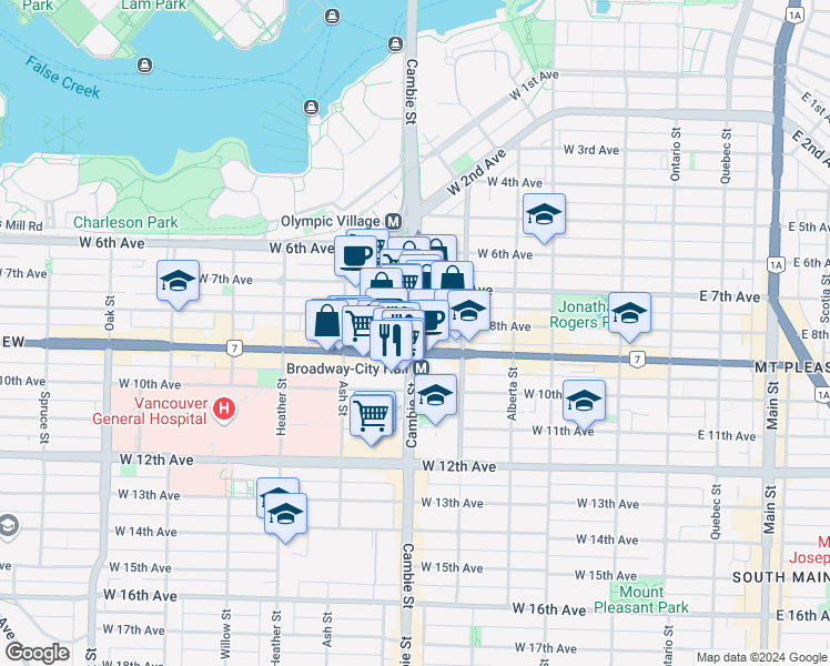 map of restaurants, bars, coffee shops, grocery stores, and more near 505 Cambie Street in Vancouver