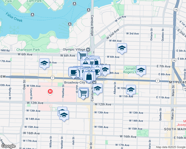 map of restaurants, bars, coffee shops, grocery stores, and more near 508 Cambie Street in Vancouver