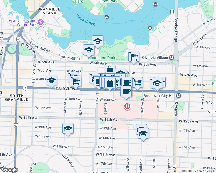 map of restaurants, bars, coffee shops, grocery stores, and more near 943 West Broadway in Vancouver