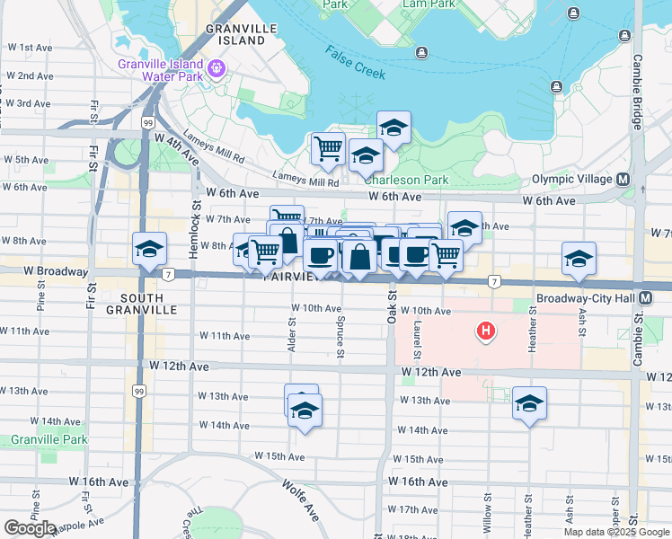 map of restaurants, bars, coffee shops, grocery stores, and more near 2483 Spruce Street in Vancouver