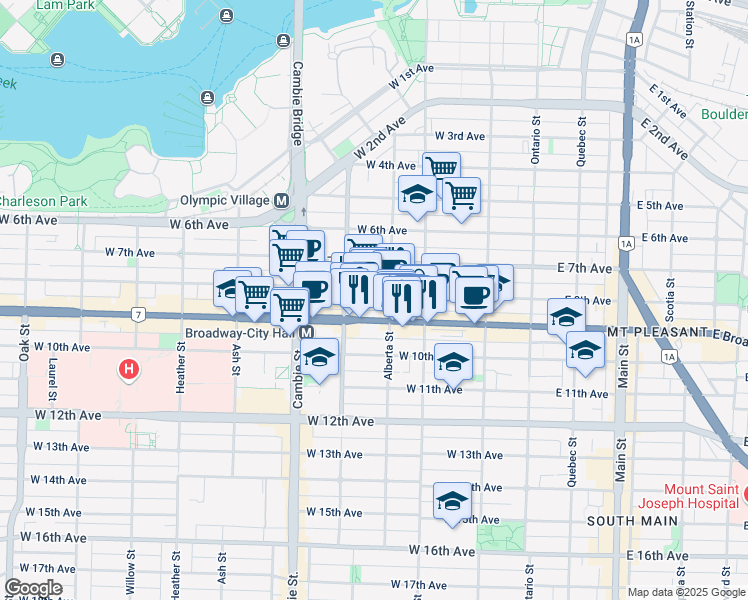 map of restaurants, bars, coffee shops, grocery stores, and more near 236 West Broadway in Vancouver