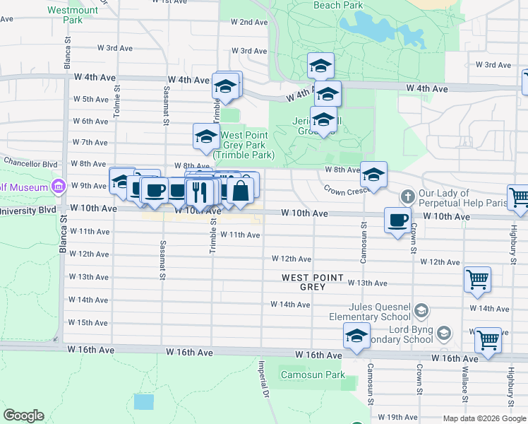 map of restaurants, bars, coffee shops, grocery stores, and more near W 10th Ave & Discovery St in Vancouver