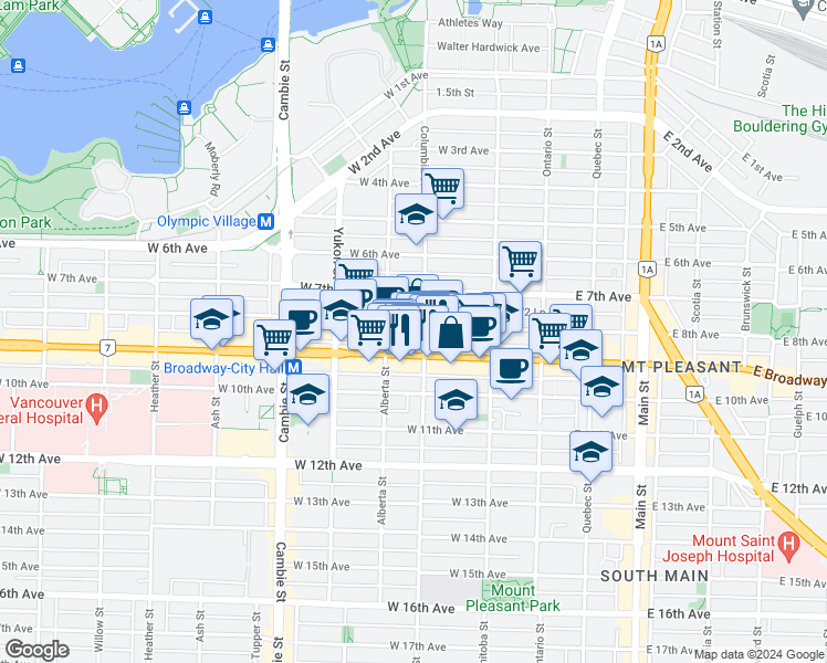 map of restaurants, bars, coffee shops, grocery stores, and more near 214 West 8th Avenue in Vancouver