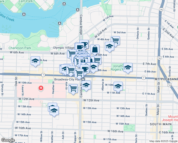 map of restaurants, bars, coffee shops, grocery stores, and more near 428 West 8th Avenue in Vancouver