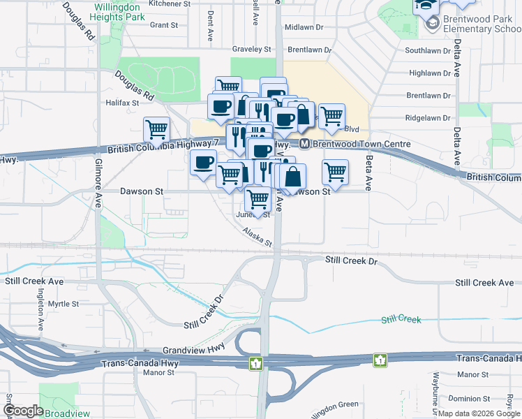 map of restaurants, bars, coffee shops, grocery stores, and more near 4465 Juneau Street in Burnaby