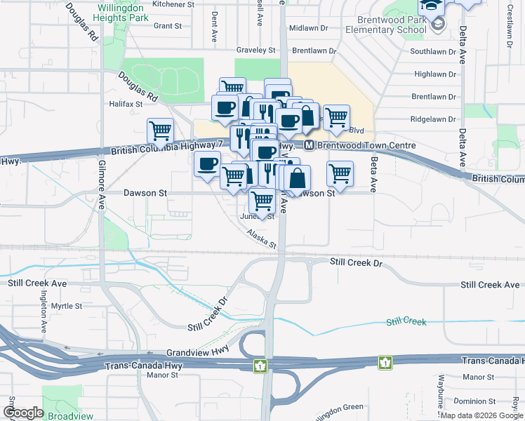 map of restaurants, bars, coffee shops, grocery stores, and more near 4465 Juneau Street in Burnaby