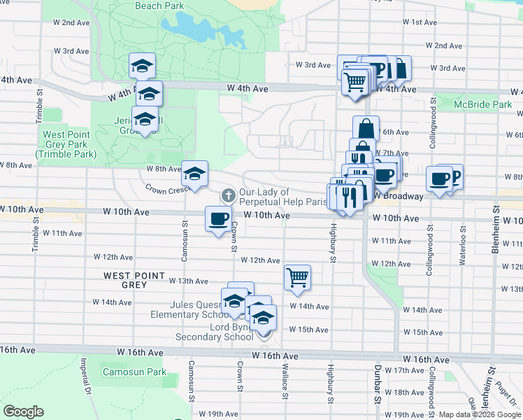 map of restaurants, bars, coffee shops, grocery stores, and more near 3955 West 10th Avenue in Vancouver