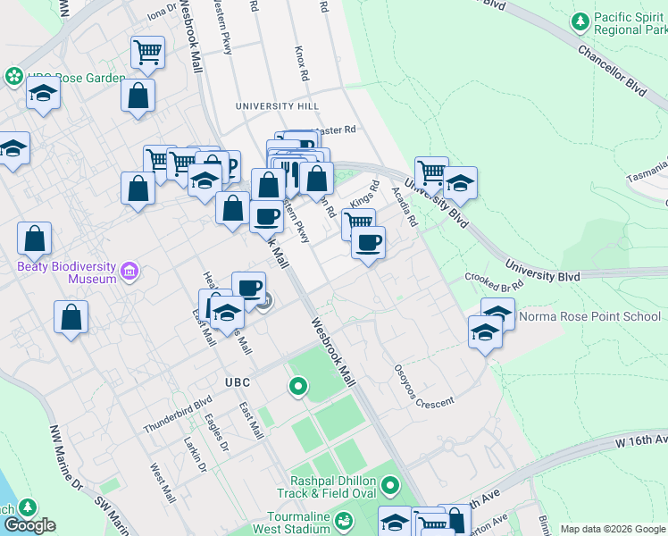map of restaurants, bars, coffee shops, grocery stores, and more near 2388 Western Parkway in Vancouver