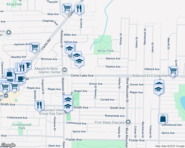 map of restaurants, bars, coffee shops, grocery stores, and more near 801 Fowler Court in Coquitlam