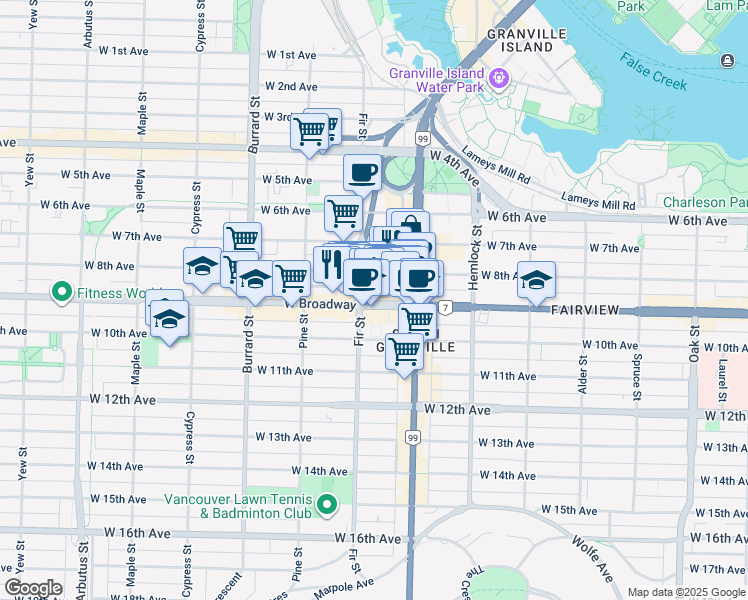 map of restaurants, bars, coffee shops, grocery stores, and more near 1573 West Broadway in Vancouver