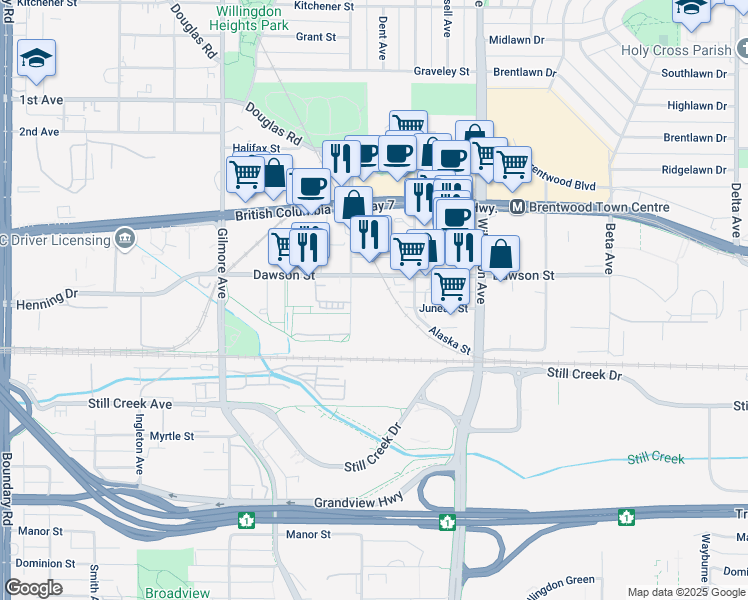 map of restaurants, bars, coffee shops, grocery stores, and more near 2302 Madison Avenue in Burnaby