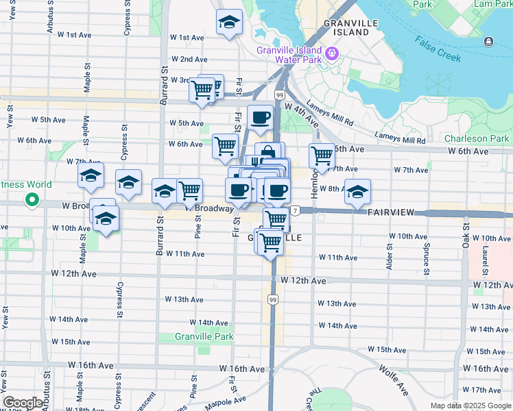 map of restaurants, bars, coffee shops, grocery stores, and more near 1539 West Broadway in Vancouver