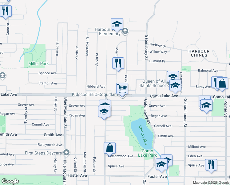 map of restaurants, bars, coffee shops, grocery stores, and more near 1103 Como Lake Avenue in Coquitlam