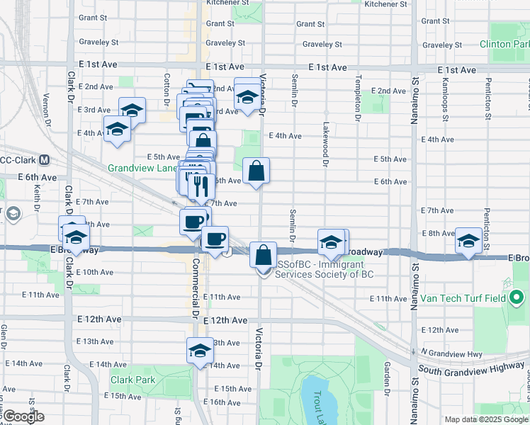 map of restaurants, bars, coffee shops, grocery stores, and more near 2340 Victoria Drive in Vancouver