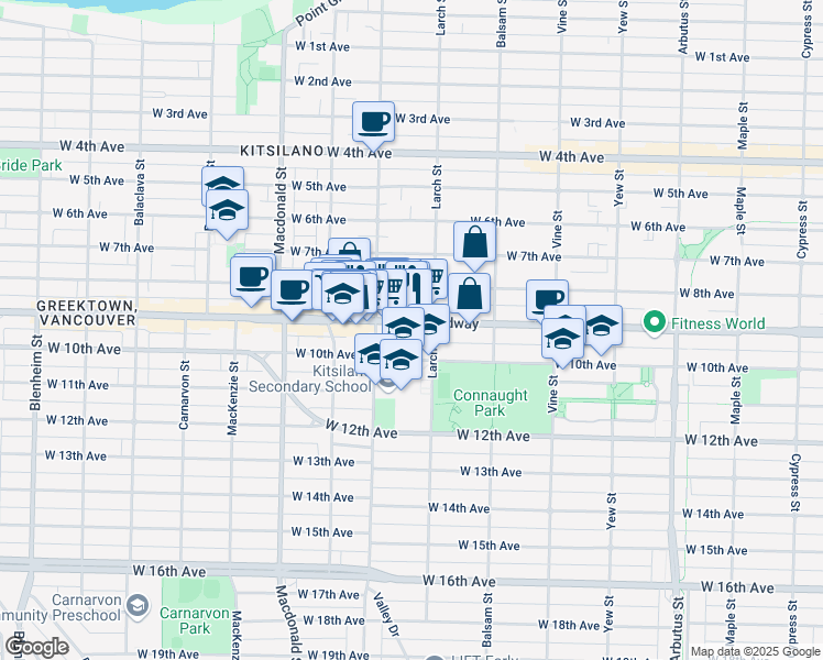 map of restaurants, bars, coffee shops, grocery stores, and more near 2518 West Broadway in Vancouver