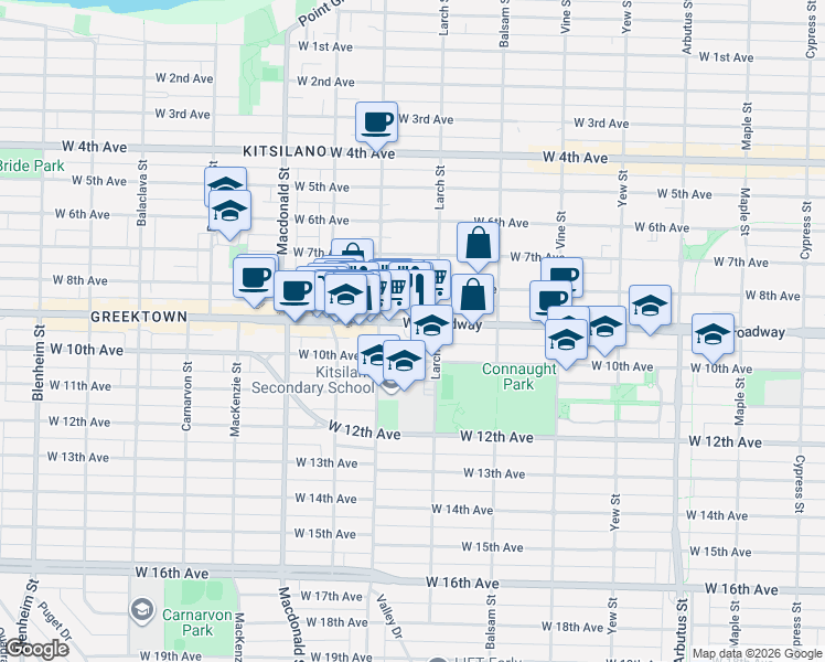 map of restaurants, bars, coffee shops, grocery stores, and more near 2528 West Broadway in Vancouver