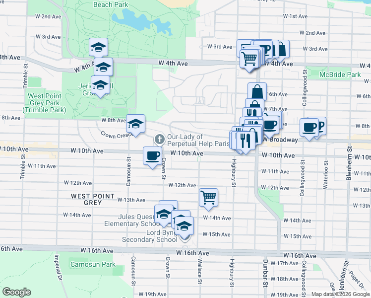 map of restaurants, bars, coffee shops, grocery stores, and more near 3945 West 10th Avenue in Vancouver