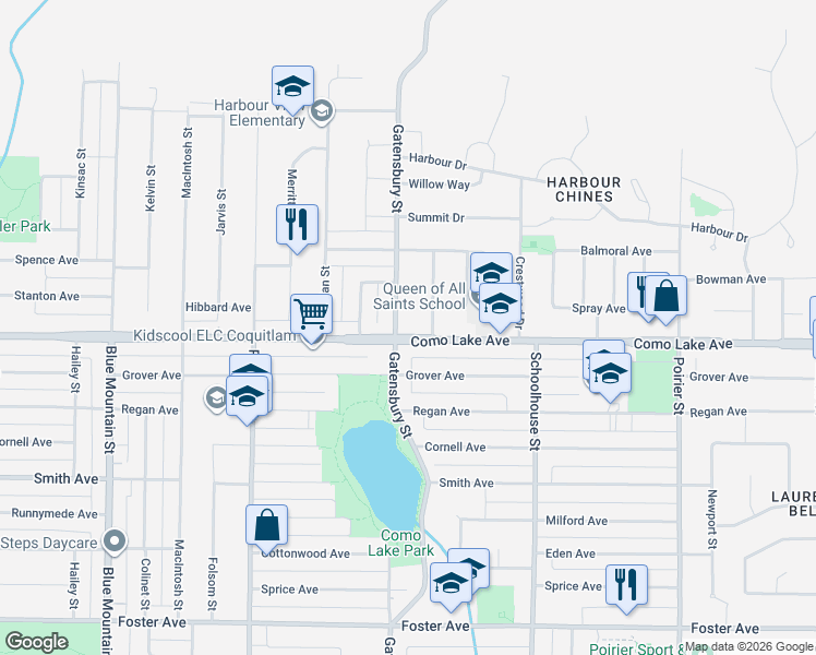 map of restaurants, bars, coffee shops, grocery stores, and more near 801 Gatensbury Street in Coquitlam
